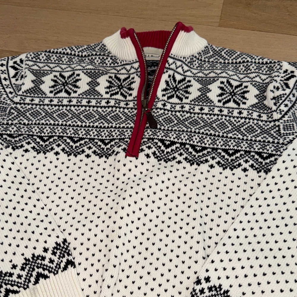 L.L. Bean Boys Black and White Nordic Sweater quarter zip sz M 10/12 100% Cotton - Picture 8 of 10